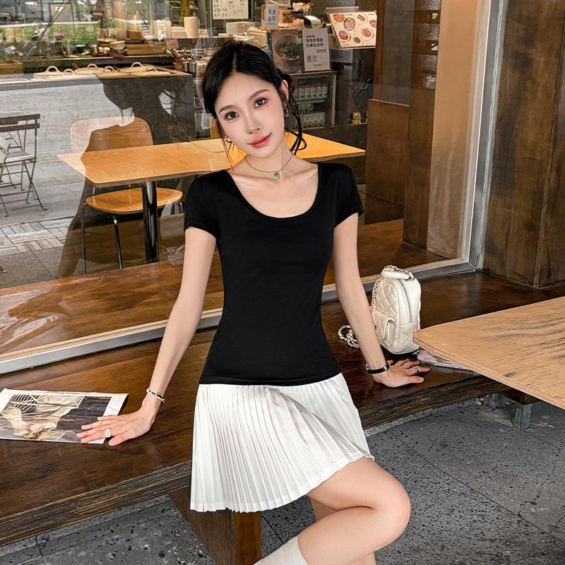 

New hollow backless versatile summer sexy short-sleeved solid color T-shirt fashion slim top versatile and thin short S( 40-47.5kg ) чёрный