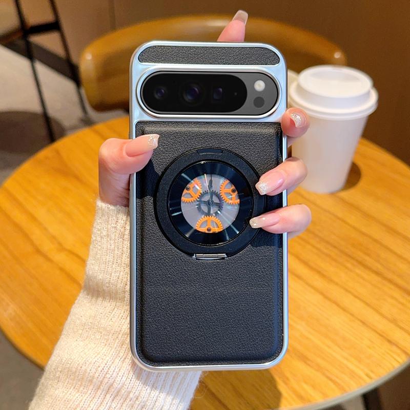 For Google Pixel 9 Pro XL Magnetic Case Rotating Kickstand Gear Stress Relief Leather Phone Back Cover