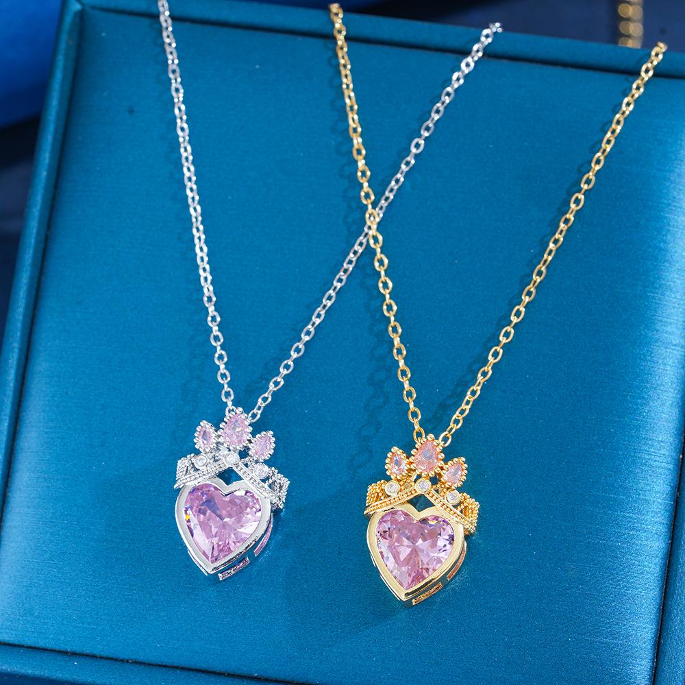 Pink Crown Heart Necklace with Titanium Steel Clavicle Chain - Elegant and Versatile Design.