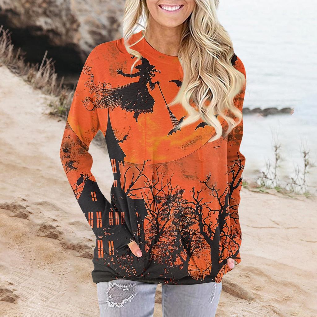 Damenmode Lässig Rundhals Print Langarm Tasche T-Shirt Top