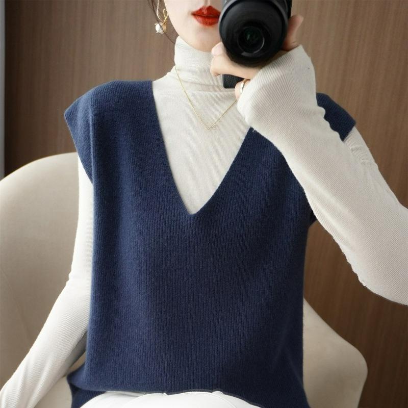 Autumn Women's Knitted Vest Pullover Vest Wool Waistcoat Deep V-neck Loose