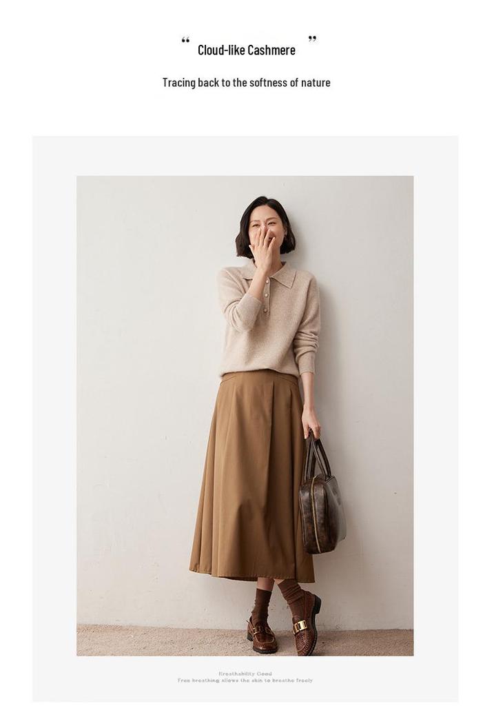 2024 Autumn/Winter Women's Cashmere Polo Neck Buttoned Lapel Pullover