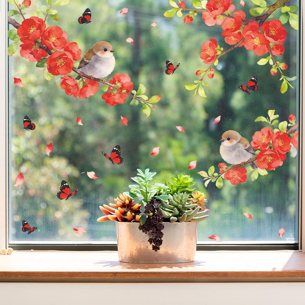 Painted Flowers, Branches, Birds, Butterflies, Home Balcony, Glass Windows, Beautification Decoration, Window Stickers