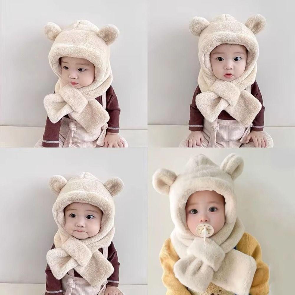 Soft Warm One-Piece Hat Scarf Faux Fur Ear Protection Hats Lovely Baby Bear Plush Hat  Boy Girls