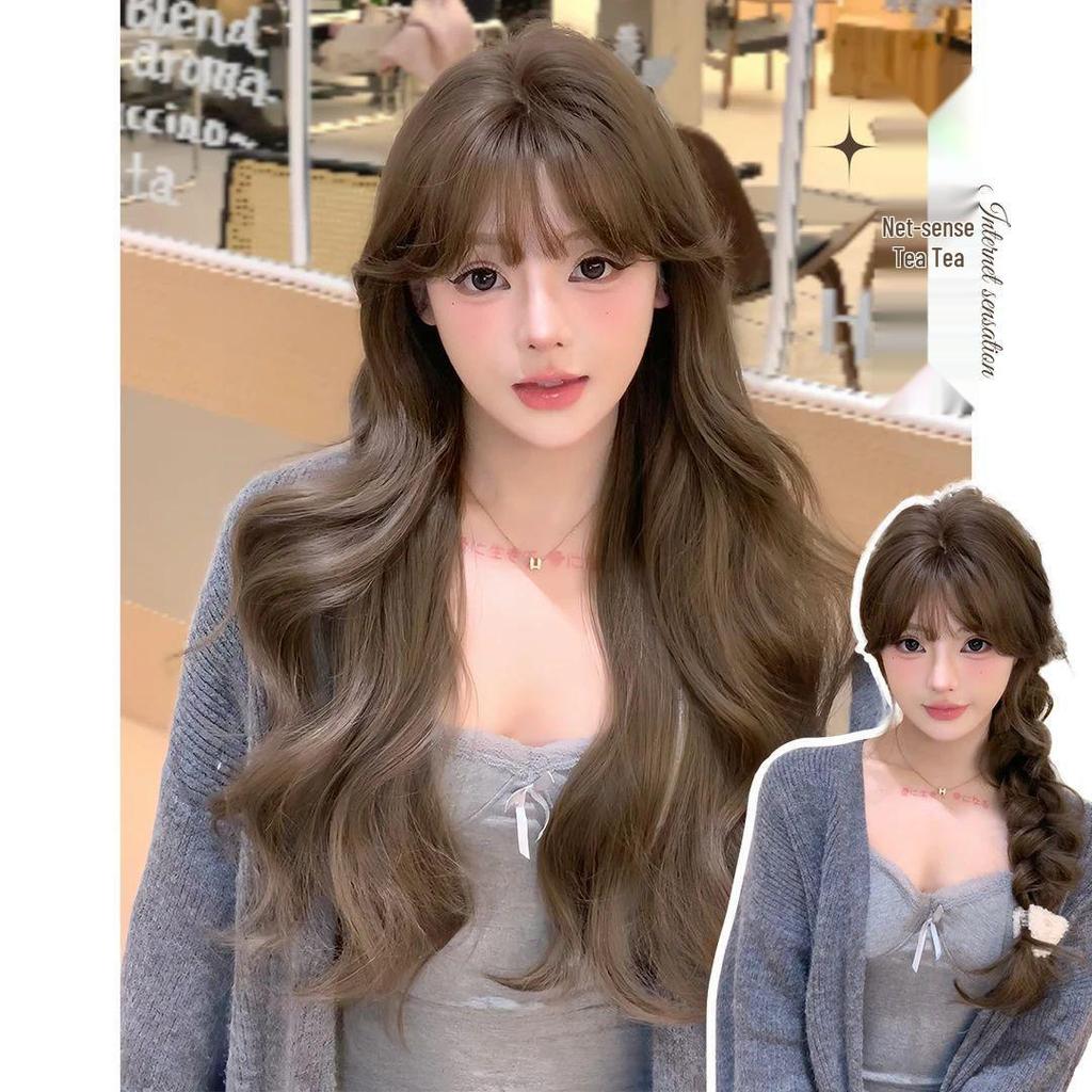 Net Sensation Tea Tea Wig: Brightening Milk Tea Gray-Brown, Korean Style with Big Waves, Elegant Face-Slimming, Realistic Full Head for Women