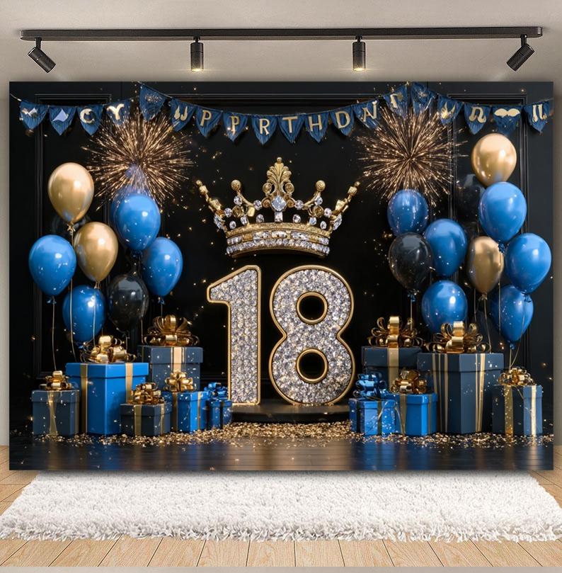 Black and Gold Balloon Gift Theme 18th Birthday Banner Backdrop Cloth Adult Gift Birthday Party Decoration Photography Backdrop