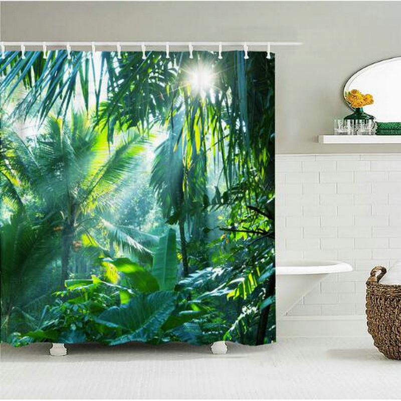Forest Landscape Shower Curtains Green Tropical Plant Palm Tree Flower Leaves Garden Natural Scenery Bathroom Decor Bath Curtain