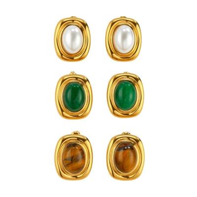 Nature Stone Tiger-eye Earrings Stainless Steel Waterproof Stud Earrings Gold Plated Oval Bead Pearl Earrings Gemstone Jewelry