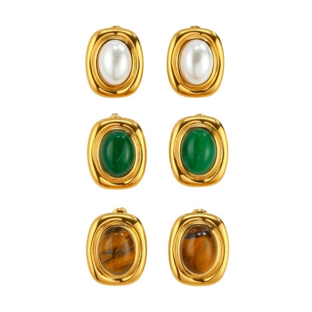 Nature Stone Tiger-eye Earrings Waterproof Stainless Steel Stud Earrings Gold Plated Oval Bead Pearl Earrings Gemstone Jewelry
