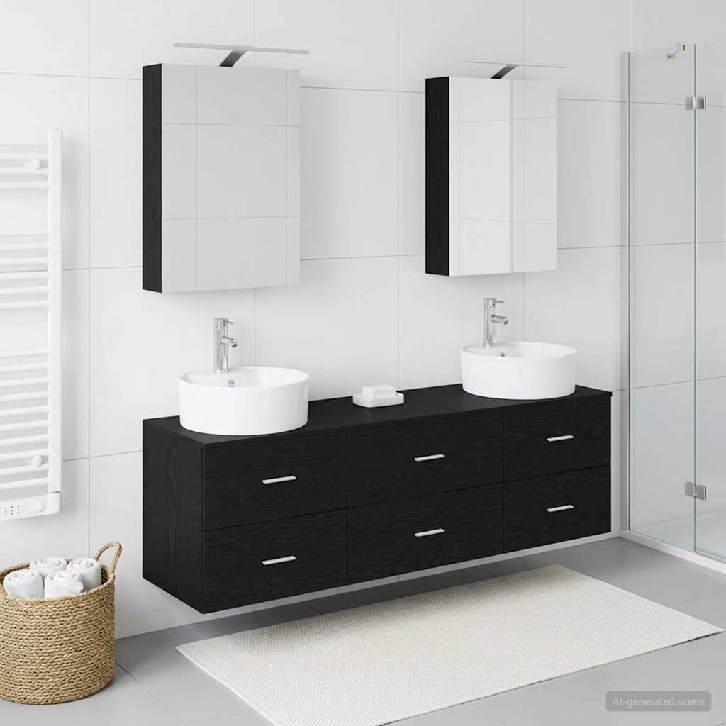 5 Piece Bathroom Furniture Set Black Oak Engineered Wood & Glass