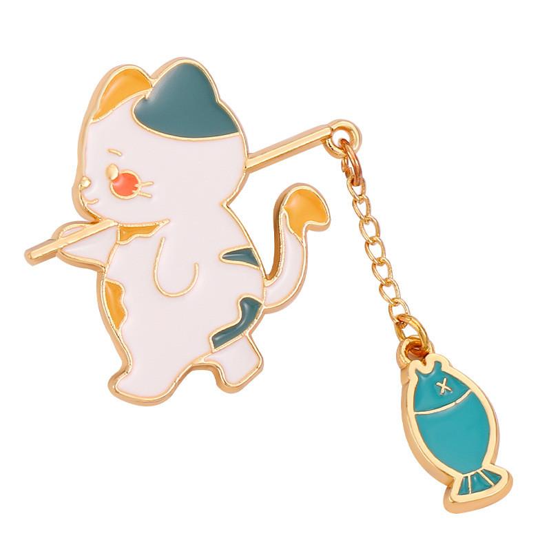 Cat Cartoon Fishing Style Metal Badge Accessory Sweater Jacket Decoration Brooch
