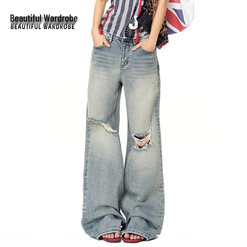 Women s American Retro Distressed High-Waist Wide-Leg Jeans XL