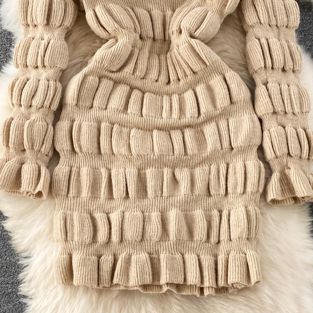 Podzim Zima Záhyby Pletený svetr Šaty Ženy Móda Ležérní Jednobarevné Plný Rukáv Mini Krátké Úplety