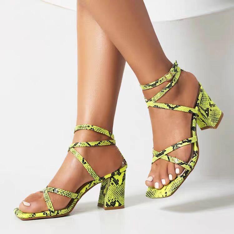 2025 Women's Snake Print Sandals Sexy Open Toe Chunky Heel Slides Plus Size Backless High Heel Sandals