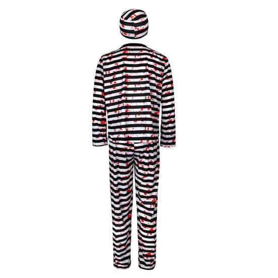 4Pcs/Set Halloween Outfit Adult Kid Prisoner Costume with Classic Robe Style Striped Print Role-Playing Tops Pants Hat Chain Set