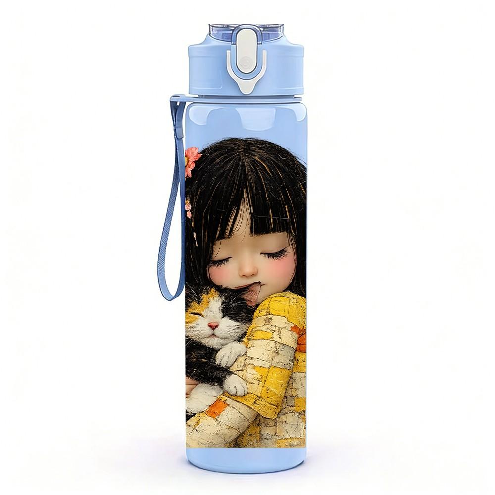 1PC Little Dark Hair Girl Hug Doll Print 750ml Color Plastic Sports Water Bottle Leakproof Flip Straw Lid Suitable for Sports Office Home Use