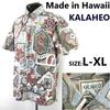 Kalaheo anii 90 Hawaii cămașă aloha bărbați L-XL bej imprimeu floral geometric(FOLOSIT)