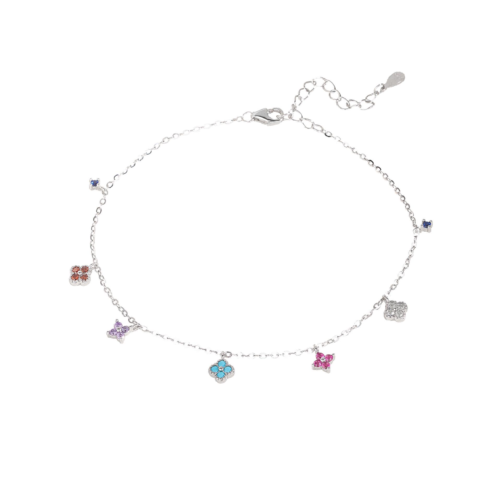 Sterling Silver Lucky Clover Anklet with Multicolor Gems - Trendy Foot Jewelry 925 Silver