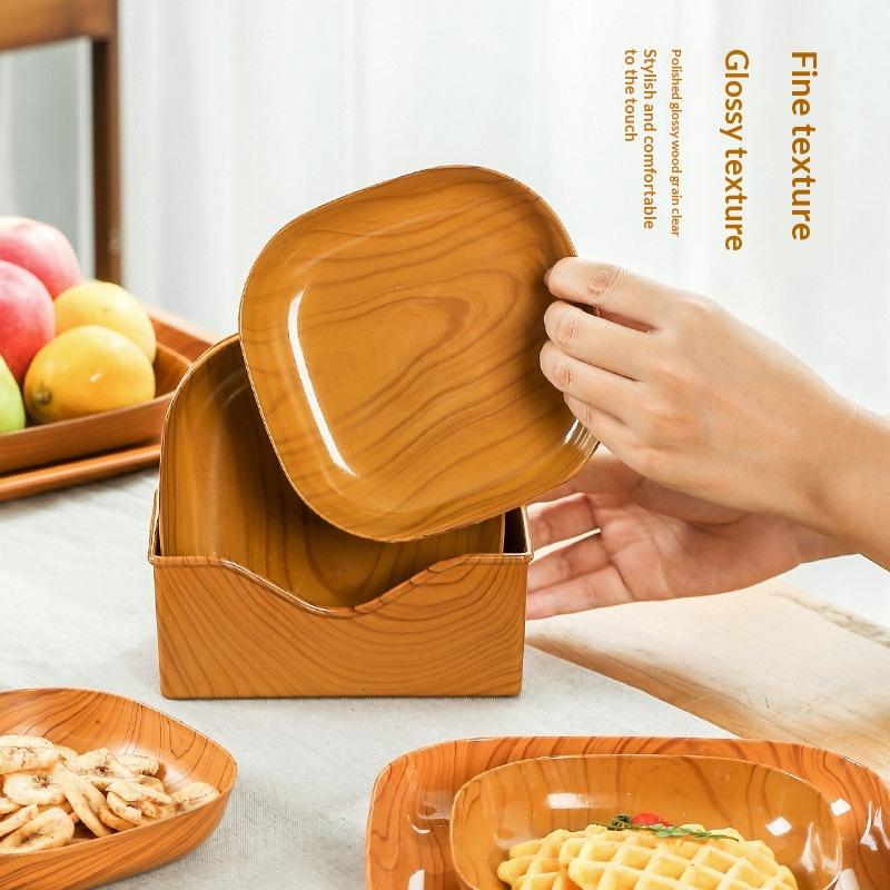 1Set Japanese-Style Plastic Dish Multifunctional Simple Imitation Wood Grain Bone Spitting Dish Household Food Grade Fruit Bowl