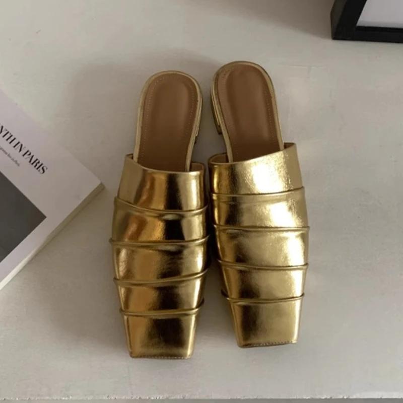 Women Slippers Flats Square Toe Sandals Woman Mules Casual Shoes 2025 Summer New Trend Dress Flip Flops Slides Zapatos De Mujer