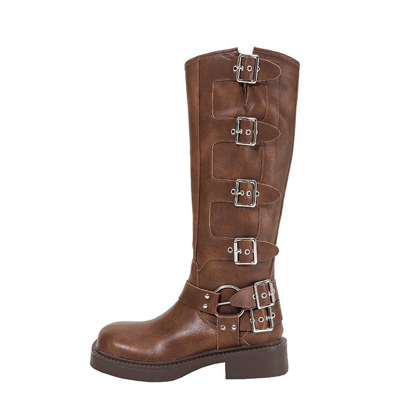 Western Cowboy Boots Vintage Maillard Locomotive Tall Belt Buckle Square Head Knight Boots