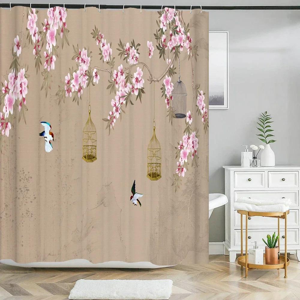 Duschvorhänge im chinesischen Stil mit Blumen und Vögeln, wasserdicht, Badezimmervorhang, 3D-bedruckter Stoff mit Haken, Dekoration, Duschvorhang