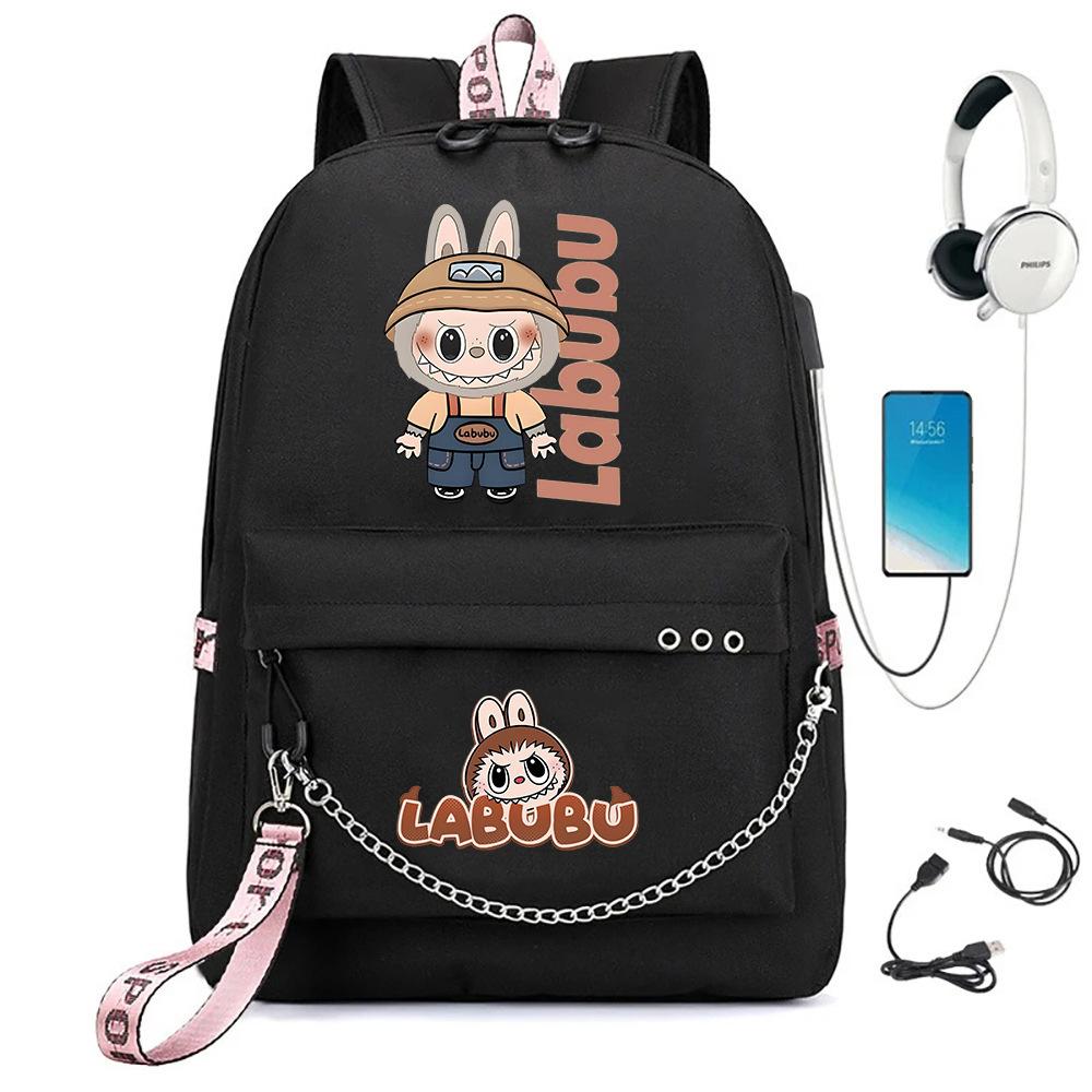 Labubu printed student bag iron chain trend backpack usb bag
