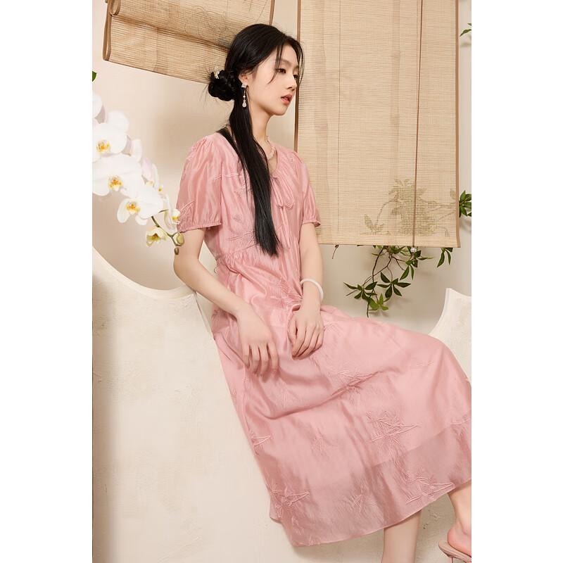 Sancai Plus Size Orange Pink Embroidered U-neck Dress