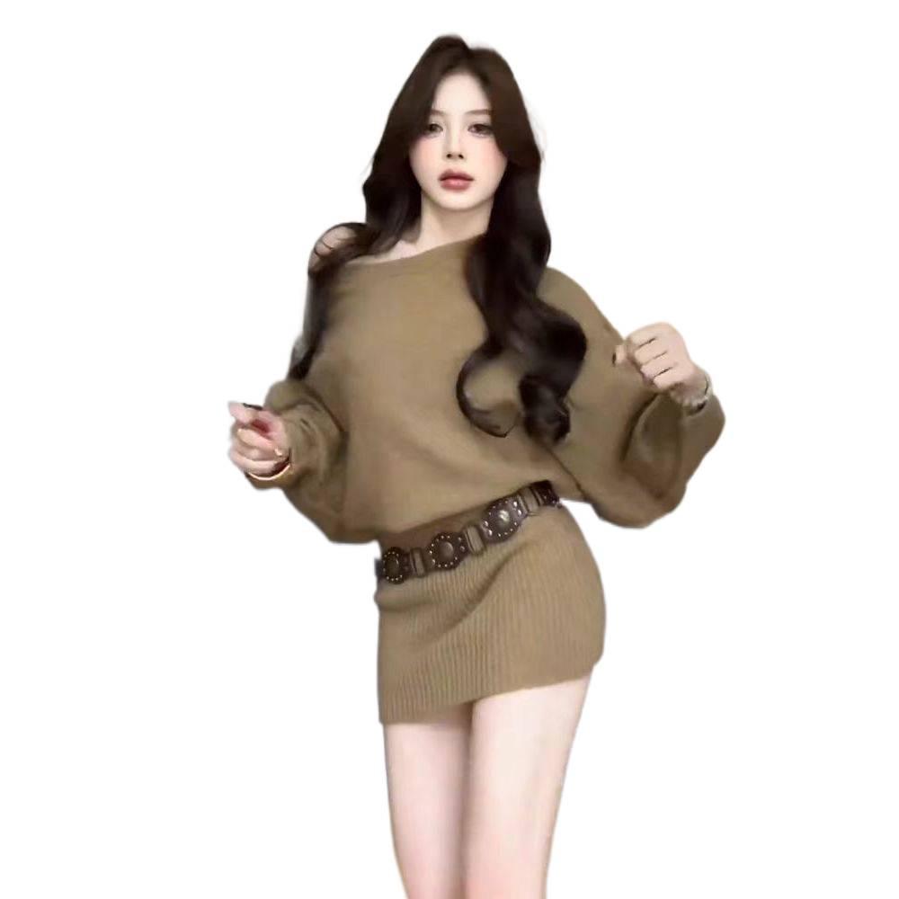 2025 Early Autumn Korean One-Shoulder Long-Sleeve Bodycon Dress - Women's Slimming Waist Sweater Dress