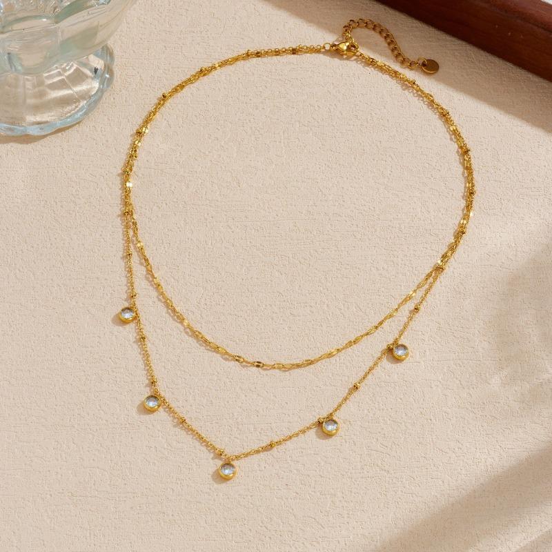 Gold Layered Chain Necklace with Crystal Drop Charms for Women золотой