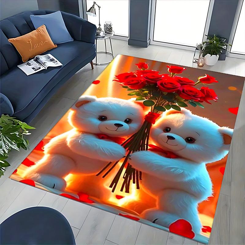 1pc Teddy Bear with Red Roses Chair Mat - Anime Cartoon Design, Office Chair Pad, Non-Slip Carpet for Home Decor, Seasonal Gift, Suitable for Office,