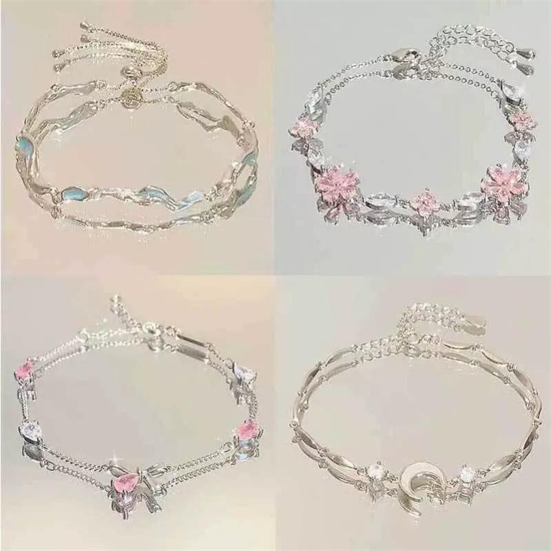 Sparkling Cherry Blossoms Bracelets for Women Fashion Temperament Wave Moon Flower Adjustable Bracelet Wedding Jewelry Gifts