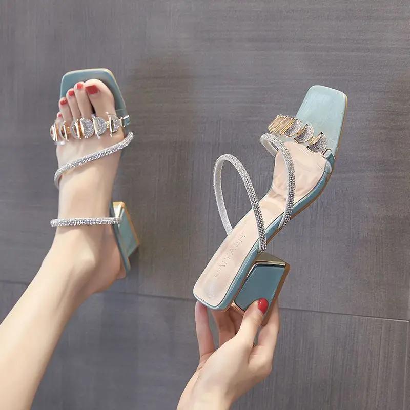 Fashion Outside Women's Slippers and Ladies Sandals Blue Heeled Slides Rhenstone Sexy Open Toe Indoor Job Shoes Luxury Casual W I Shoe Y