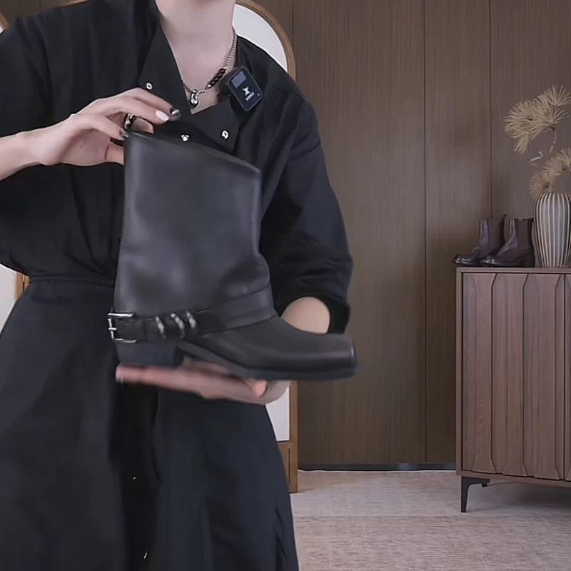 

Cowhide version~ niche retro short boots women s square head thick heel belt buckle western boots black leather handsome Martin boots 35