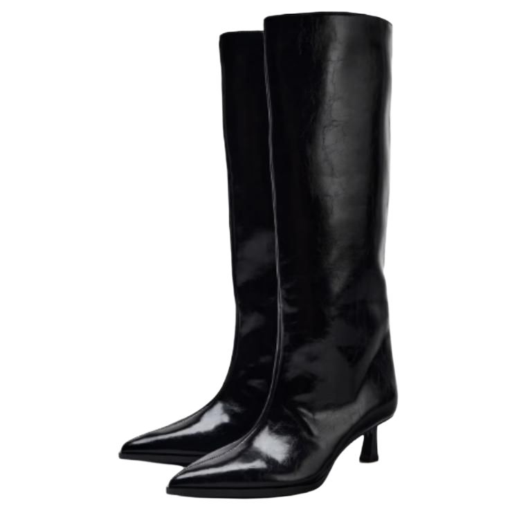 Zara Pu Simple Versatile Wide Calf Pointed Toe Kitten Heel Knee High Boots 5cm Women Boots Black 13016410