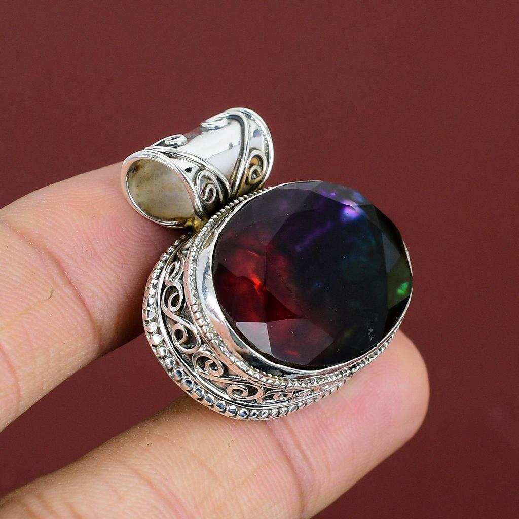 Faceted Ammolite Pendant Gemstone Pendant Handmade Antique Jewelry 925 Sterling Silver Pendant Vintage Pendant Gifts For Him Elegant Jewelry
