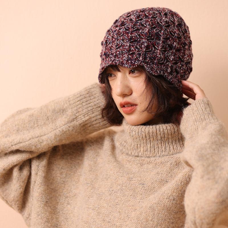 Wool knitted stacking hat women's autumn and winter new warm high-end solid color crimped ear protector wool hat