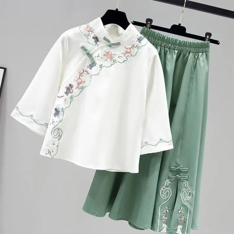 Elegant Hanfu Women's Summer New Butterfly Sweet Chinese Suit Embroidered Suit Hanfu Blouse Skirt Two Piece Set