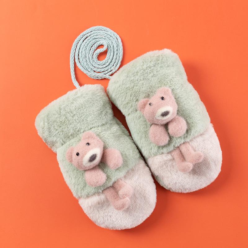 New children's thermal gloves wholesale, imitation rabbit hair lanyard jacquard gloves, double-layer velvet mittens