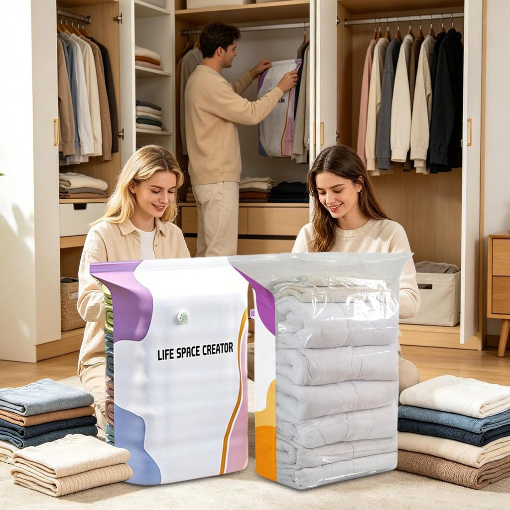 3pcs Vacuum Compression Bags No Pump Needed Moistureproof Durable Large Capacity 3D Upright Storage Bag for Clothes,Bedding