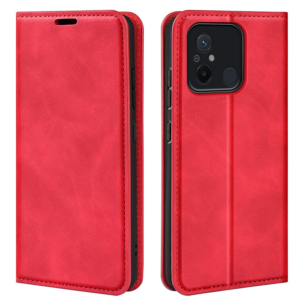

For Xiaomi Redmi 12C 4G Magnetic Cell Phone Cover Stand Wallet Skin-friendly Anti-fall Leather Phone Case Red