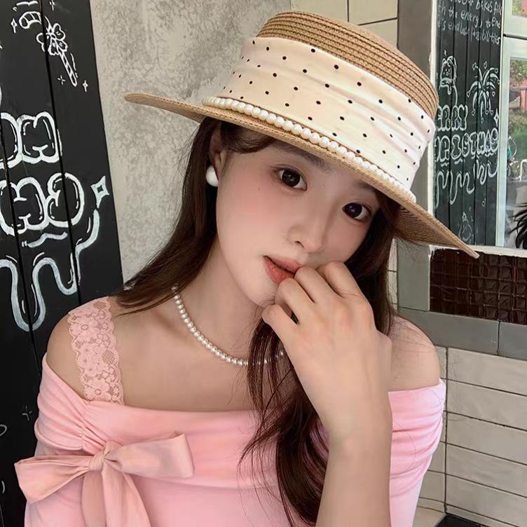Summer Women's Seaside Vacation Pearl Flat Top French Straw Hat Idyllic Literary and Retro Versatile Loli Sun Hat Top Hat