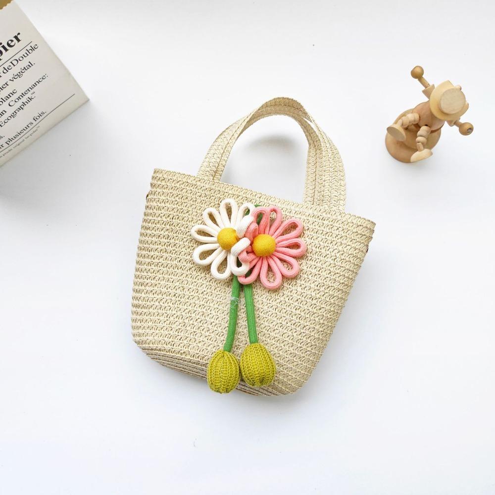 Cute Handmade Woven Straw Bag Bowknot Breathable Storage Basket Flower Coin Purse Kids Girls