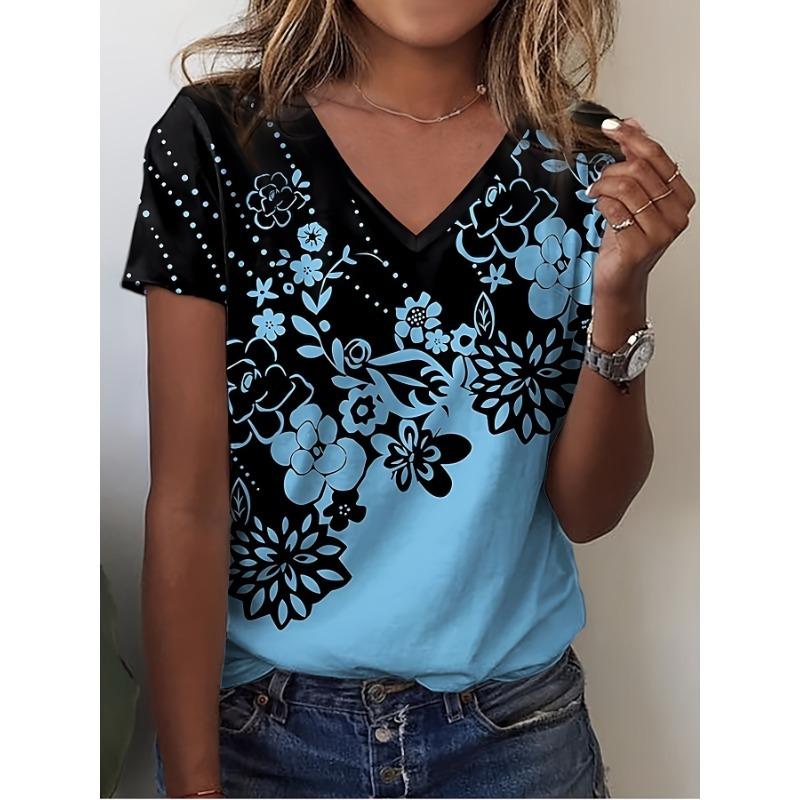 Women s V-neck Short Sleeved Flower Print 3XL