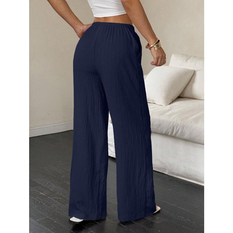 Women's Summer Casual Solid Color Textured Fabric Wide Leg Pants, Knot Waist Oblique Pocket Trousers