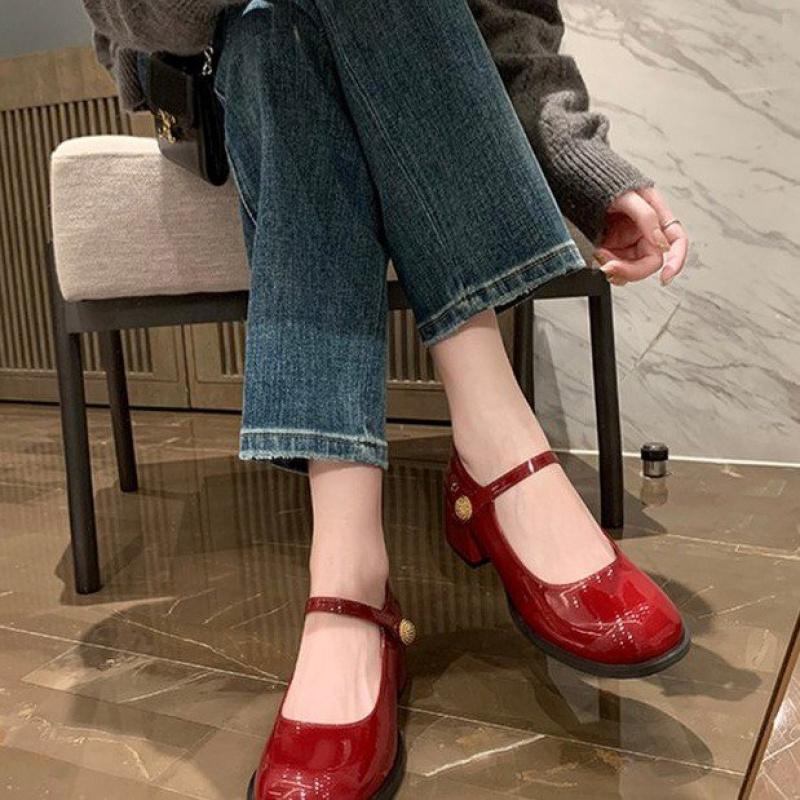 2025 Women's Round Toe One-Strap Mary Jane Shoes Spring Autumn Thick Heel Genuine Leather Mid-Heel Low-Cut High Heels