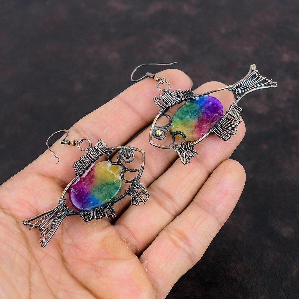 Rainbow Solar Quartz Druzy Earring Copper Wire Wrapped Jewelry Fish Earring Handmade Gemstone Jewelry Copper Wire Wrap Earrings Gift For Mom