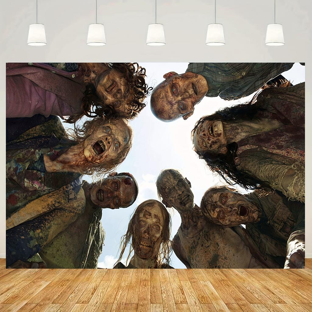 Large realistic zombie-apocalypse background banner - lifelike bloody zombies and terrifying screaming figures
