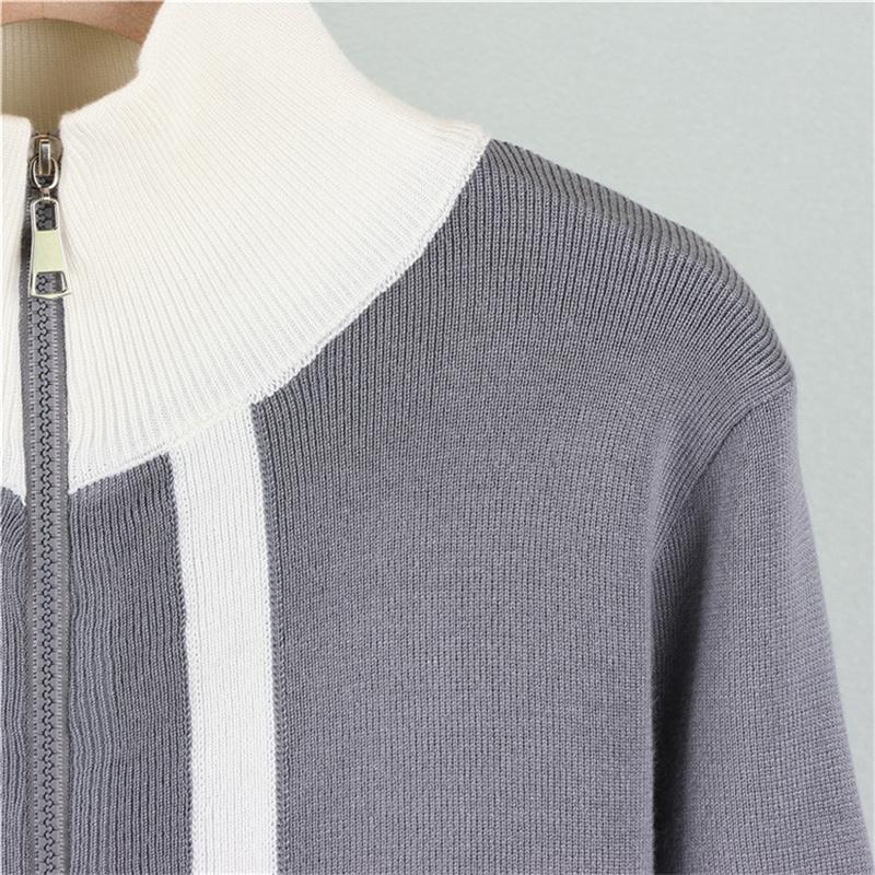 Autumn Women'S Fashion Zipper Jacket Knitted Suit Temperament Color Blocked Wide Leg Pants Two Piece Set