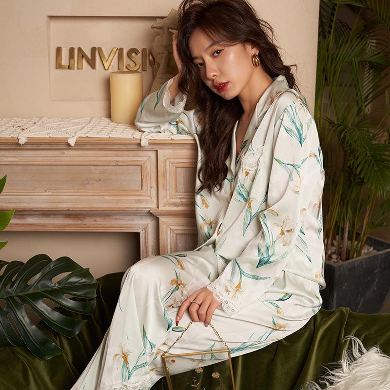 Ice silk pajamas women's spring and summer long-sleeved suit, a sexy lace lace simulation silk large-size loungewear
